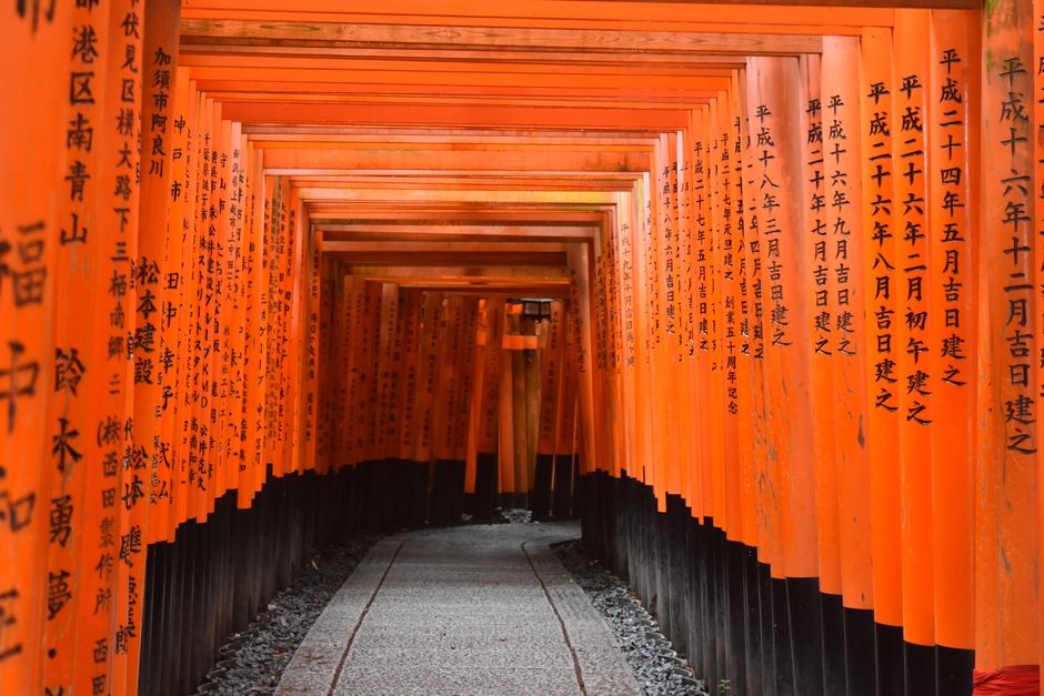 Perspective view of vibrant orange Torii gates at Fushimi Inari Shrine, Kyoto, Japan.