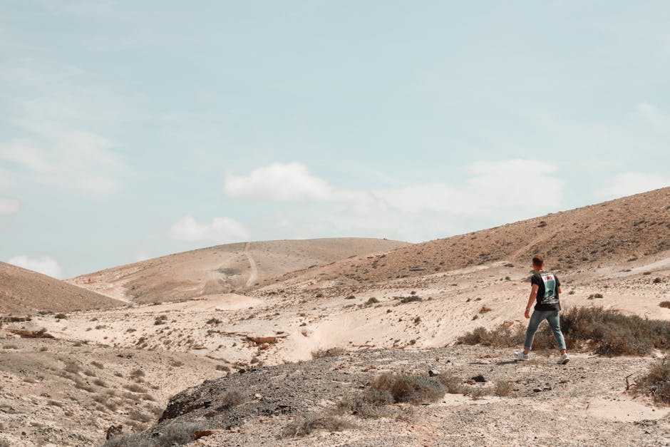 A man in a black shirt walks through an arid desert landscape under a clear blue sky.