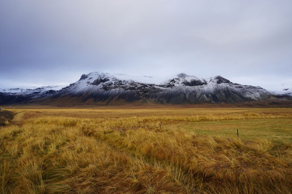 Expansive view of snow-capped mountains and grassy fields in Iceland's rural landscape.