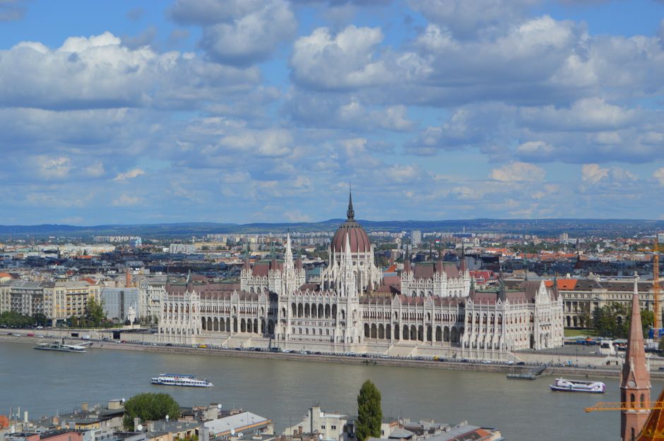 Aerial view of the iconic Hungarian Parliament Building on the Danube River in Budapest.