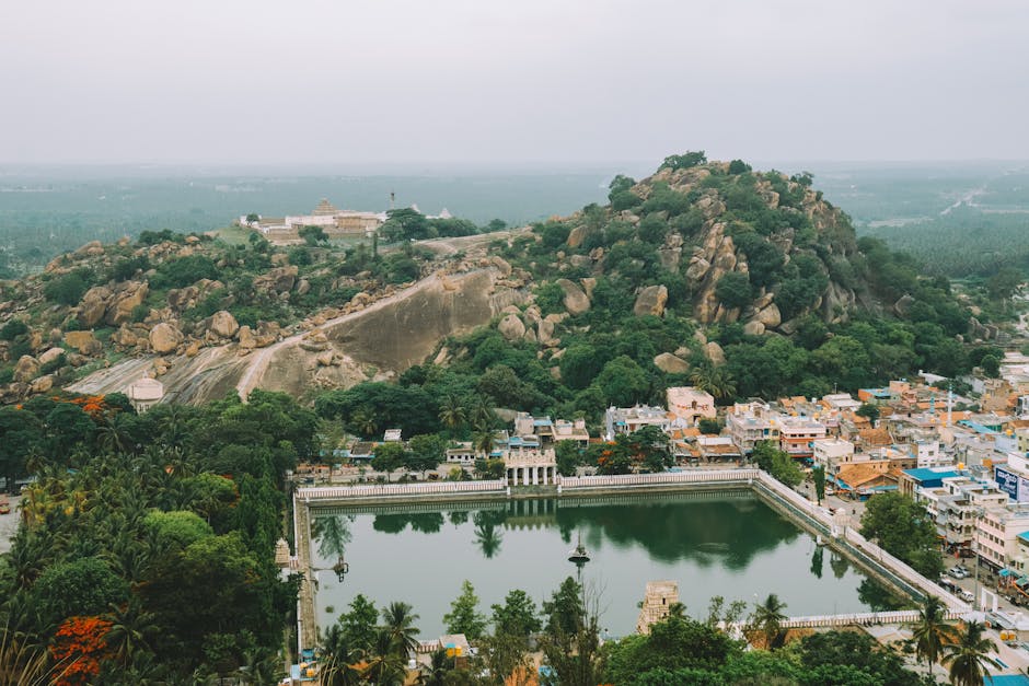A breathtaking aerial view of a temple, lush greenery, and a serene town in India, showcasing natural beauty.