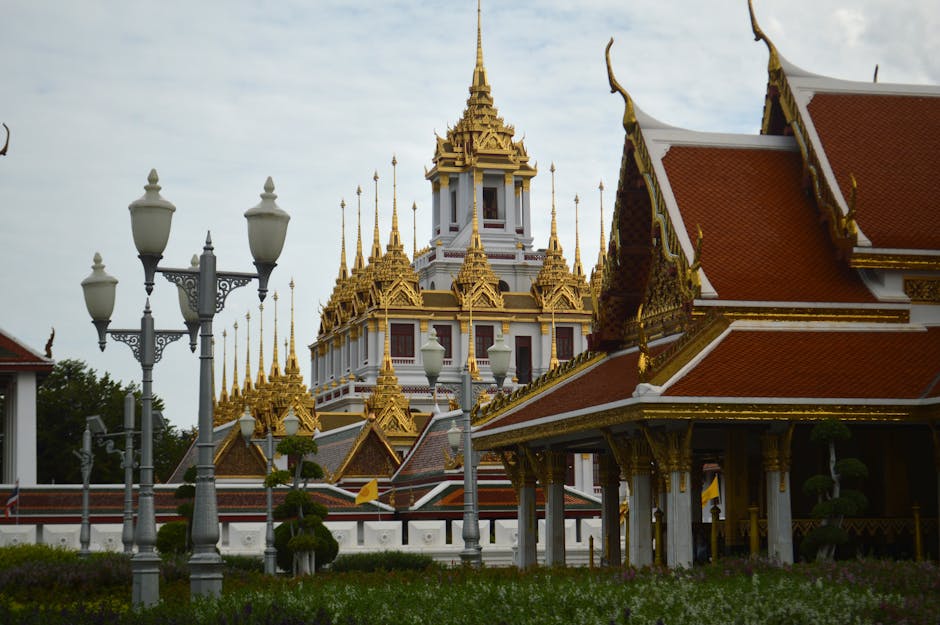 Stunning capture of the ornate Wat Ratchanatdaram temple with golden spires in Bangkok.